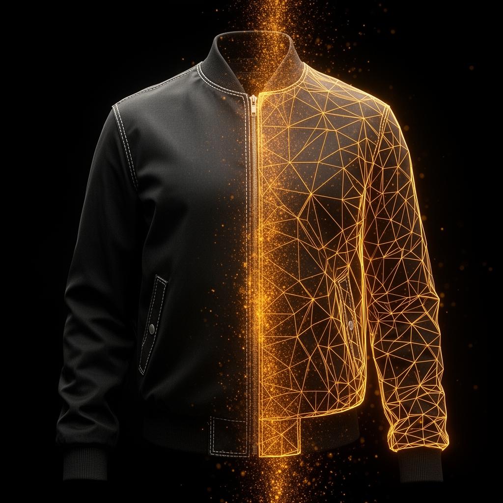 A black bomber jacket transforming into a glowing amber wireframe 3D mesh