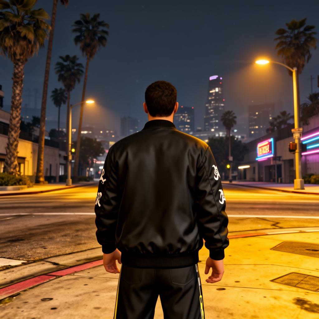 A GTA-style character wearing the same bomber jacket on a neon Los Santos street